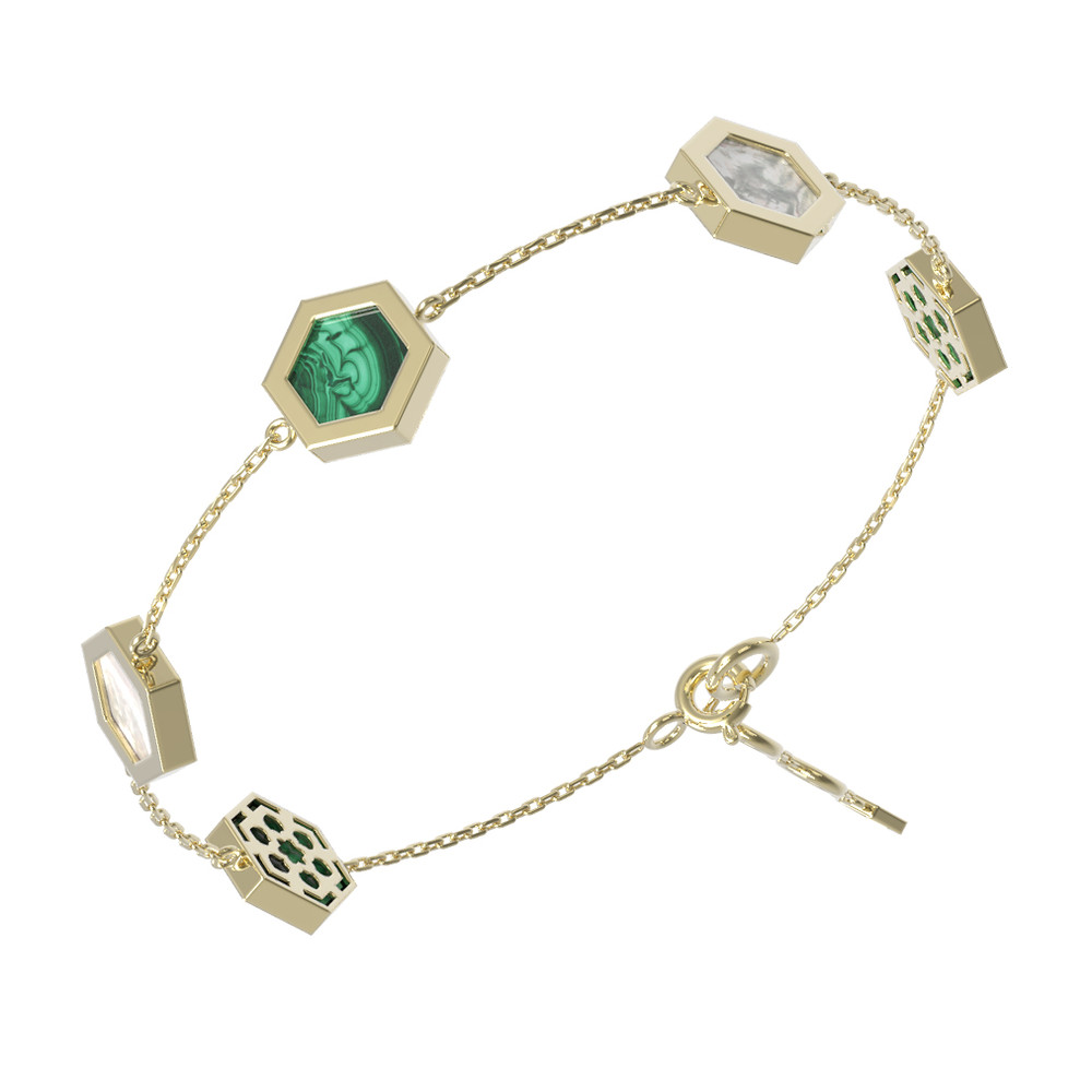Браслет из лимонного золота c малахитом и перламутром