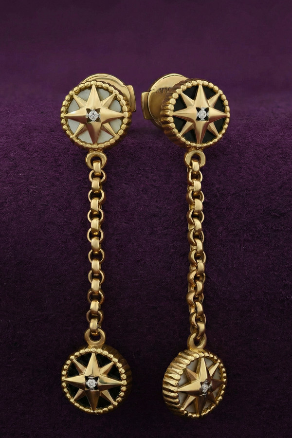 Серьги из лимонного золота c бриллиантами, ониксом и перламутром