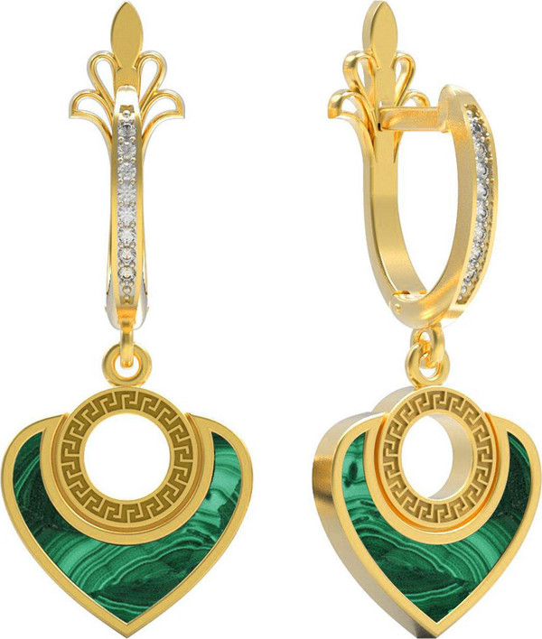 Серьги из лимонного золота c фианитом и малахитом