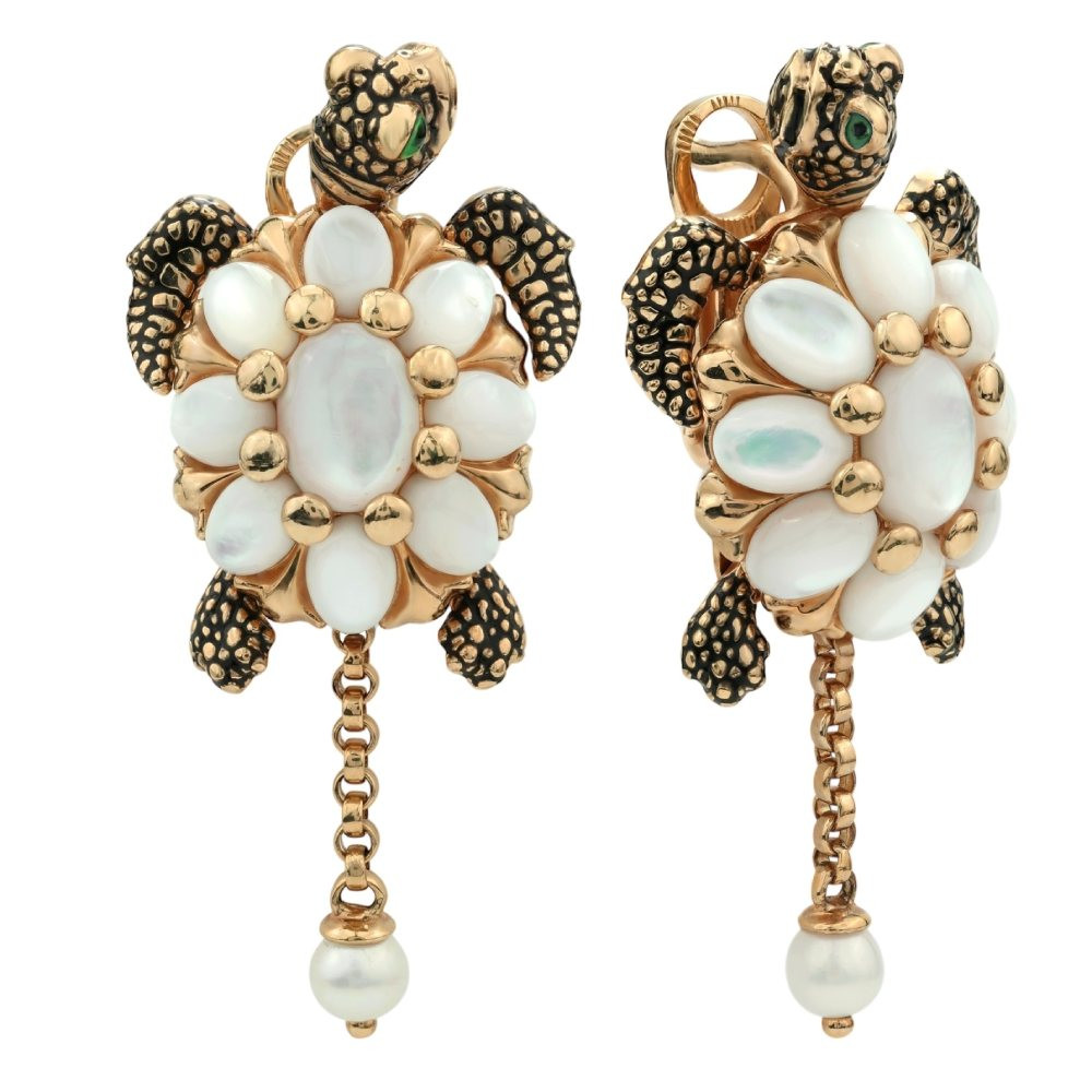 Серьги из золота c эмаль , жемчугом и перламутром