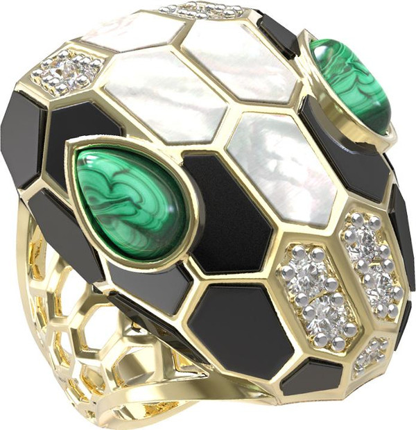 Кольцо из лимонного золота c бриллиантами, рубином, ониксом, малахитом и перламутром