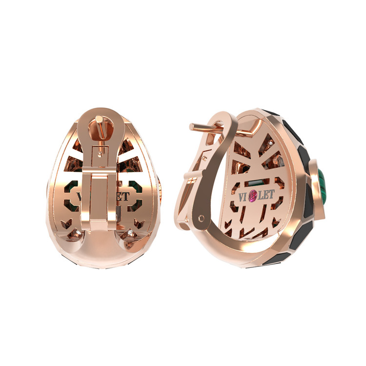 Серьги из золота c бриллиантами, рубином, ониксом, малахитом и перламутром