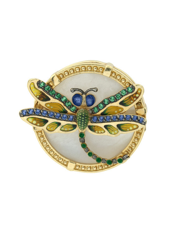Кольцо из лимонного золота c сапфиром, изумрудом, эмалью и перламутром