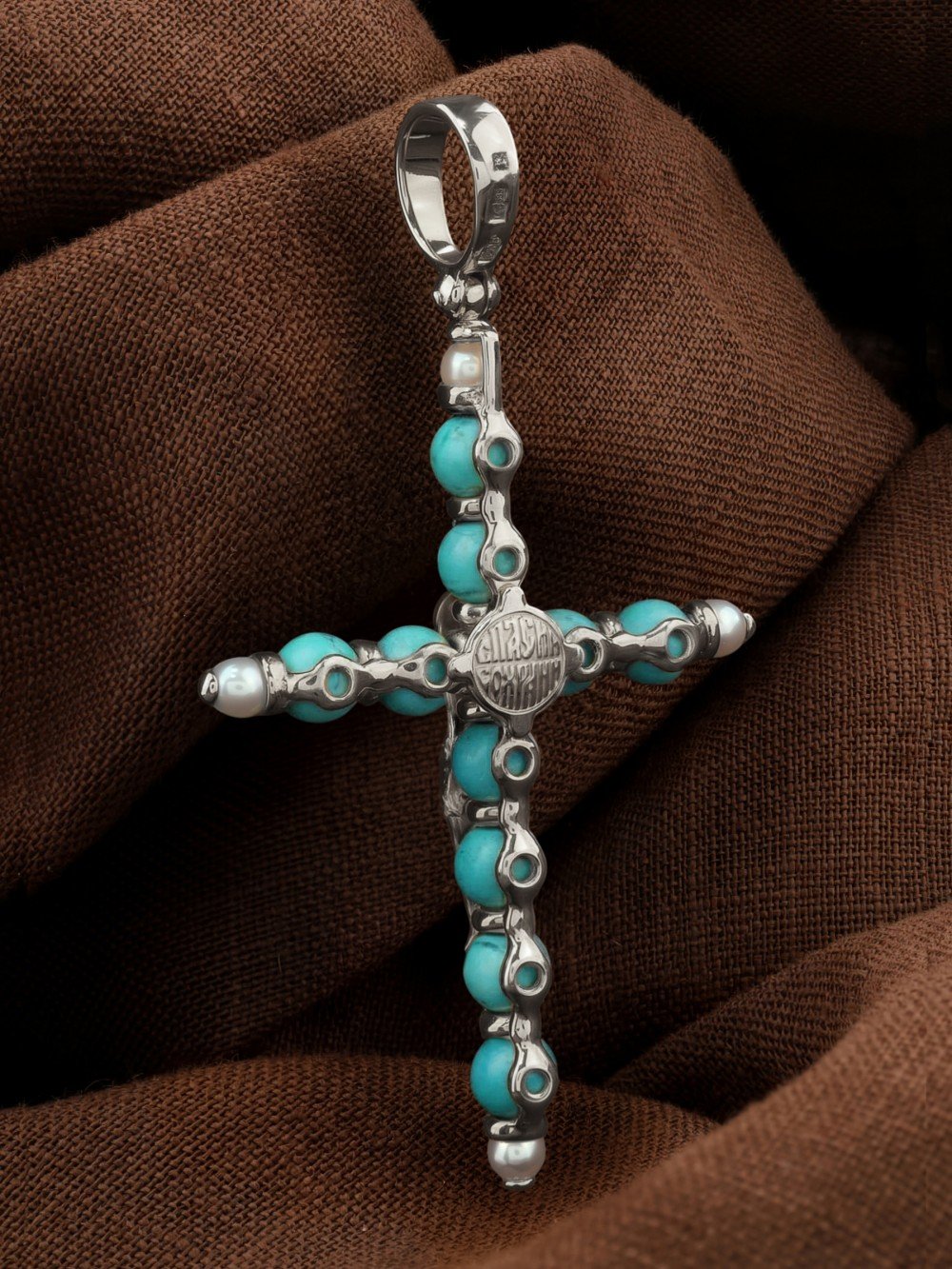 Крест из белого золота c жемчугом и бирюзой