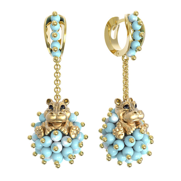 Серьги из лимонного золота c эмаль и бирюзой