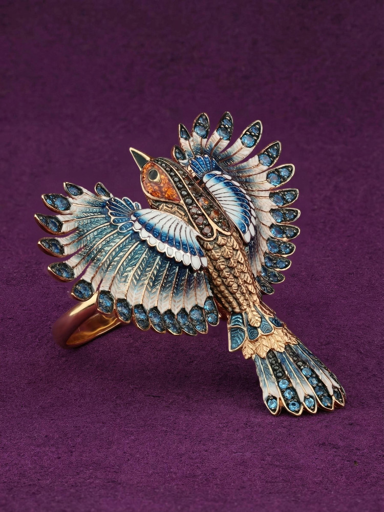 Кольцо из красного золота 585 пробы c эмалью и фианитом