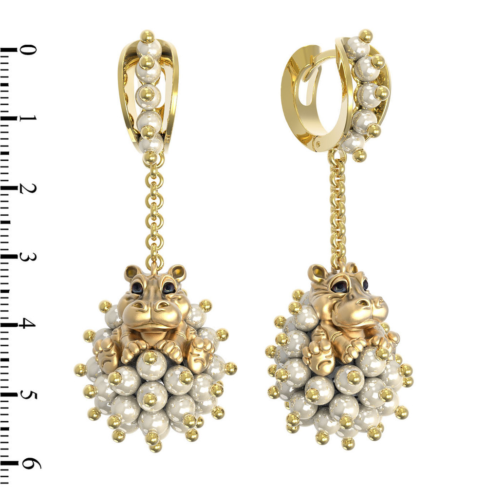 Серьги из лимонного золота c эмаль и жемчугом