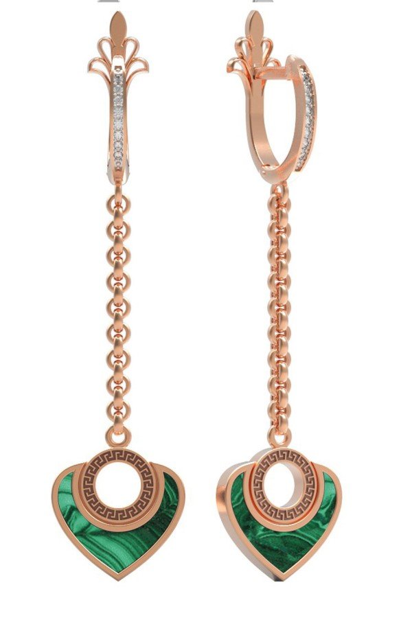 Серьги из золота c фианитом и малахитом