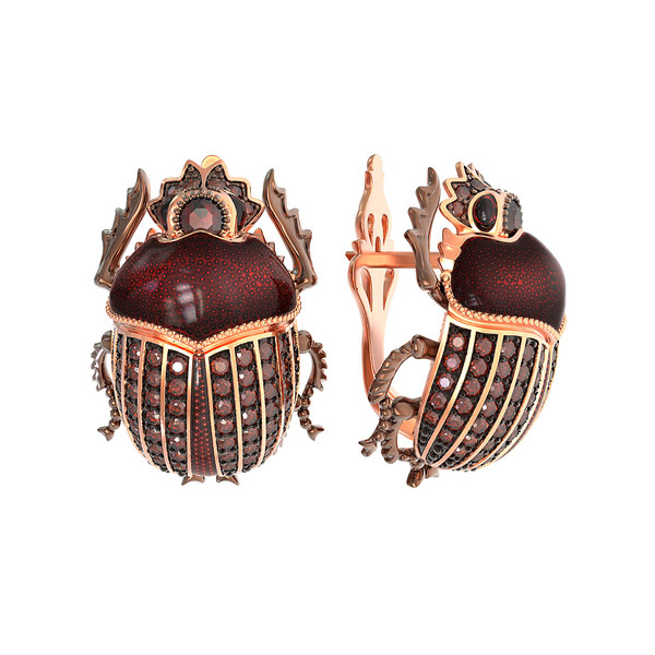 Серьги из золота c эмалью, фианитом и гранатом