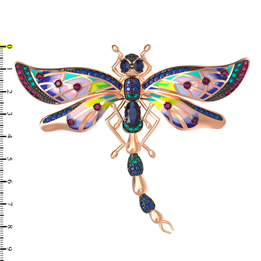 Брошь из золота c фианитом, рубином, сапфиром и эмалью