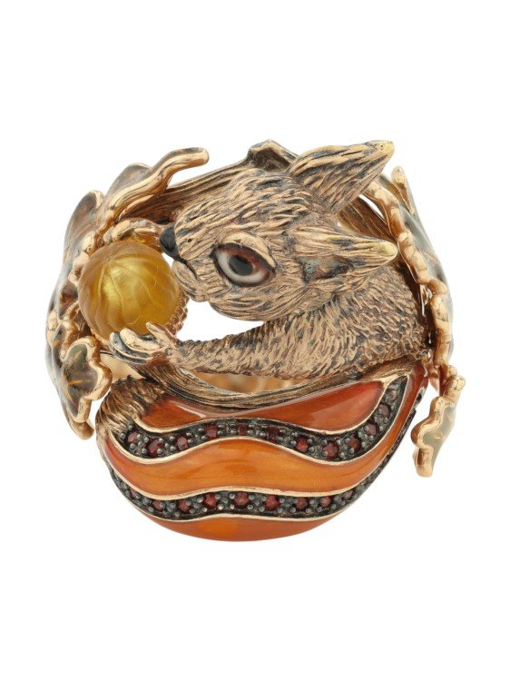 Кольцо из золота c эмалью, гранатом и янтарём