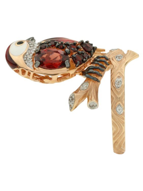 Кольцо из золота c эмалью, фианитом и гранатом