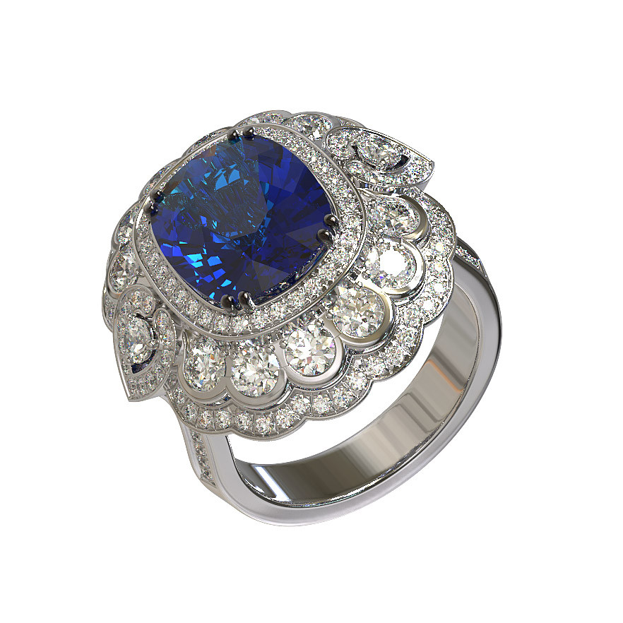 Кольцо из белого золота c бриллиантами и сапфиром
