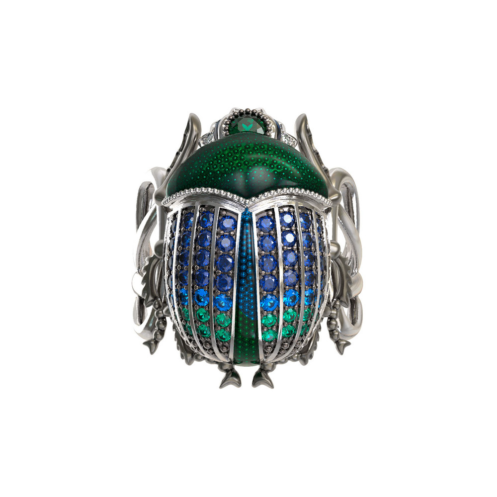 Кольцо из белого золота c эмаль , фианитом и сапфиром