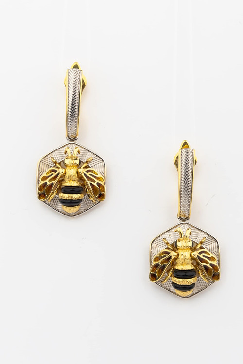 Серьги из лимонного золота c эмаль , ониксом и эмалью