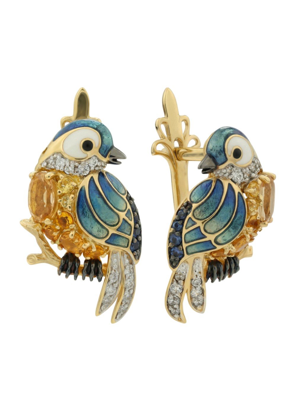 Серьги из лимонного золота c эмаль , фианитом, цитрином и сапфиром