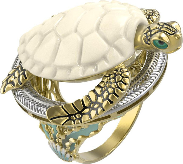 Кольцо из лимонного золота c эмаль и бивнем мамонта