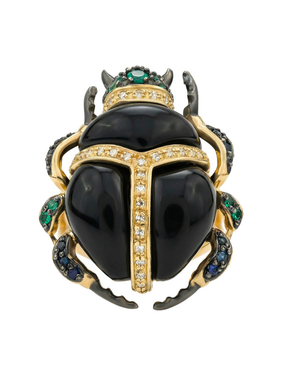 Кольцо из лимонного золота c бриллиантами, сапфиром, изумрудом и ониксом