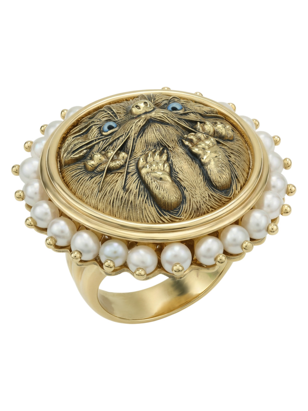 Кольцо из лимонного золота c эмалью и жемчугом