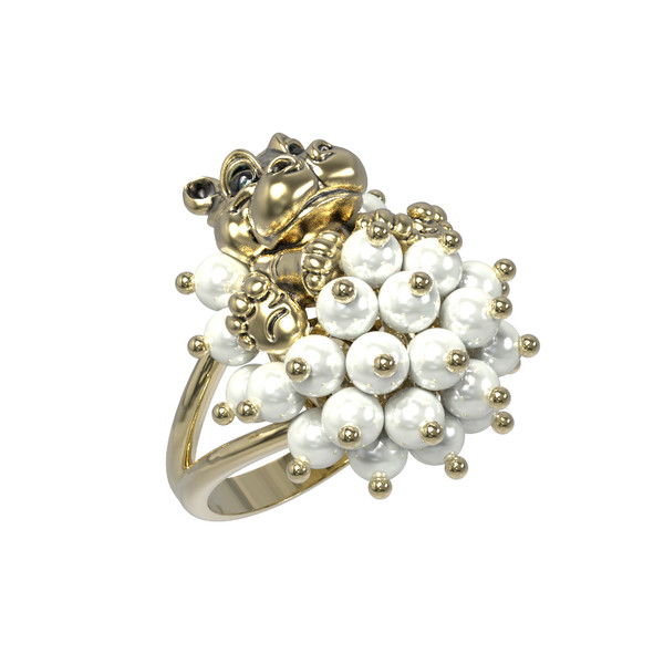 Кольцо из лимонного золота c эмаль и жемчугом