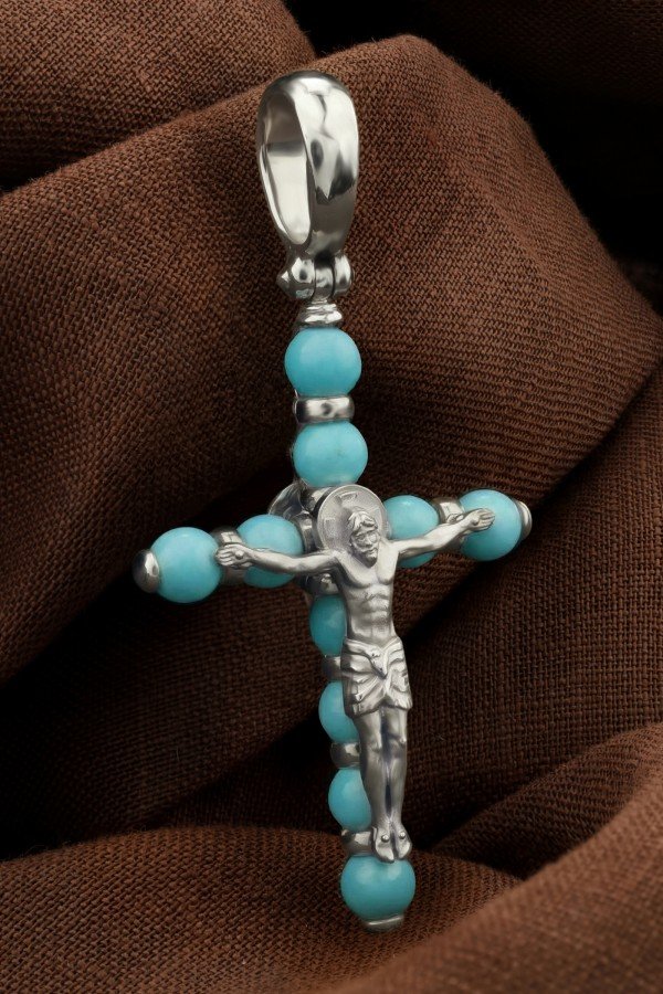 Крест из белого золота c бирюзой