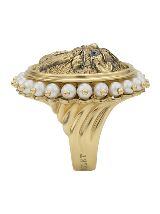 Кольцо из лимонного золота c эмалью и жемчугом