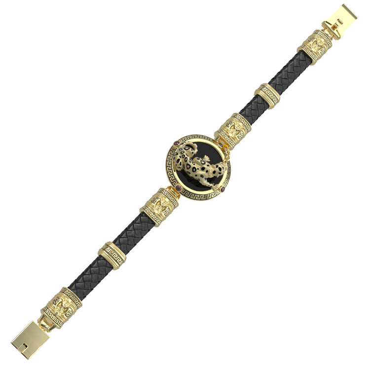 Браслет из лимонного золота c эмалью, шнурком, ониксом и рубином