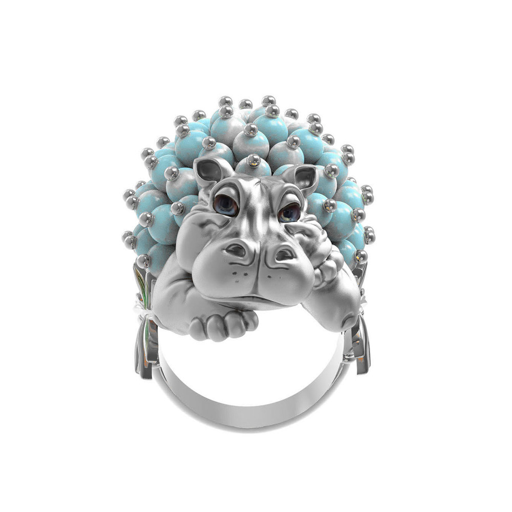 Кольцо из белого золота c эмаль и бирюзой