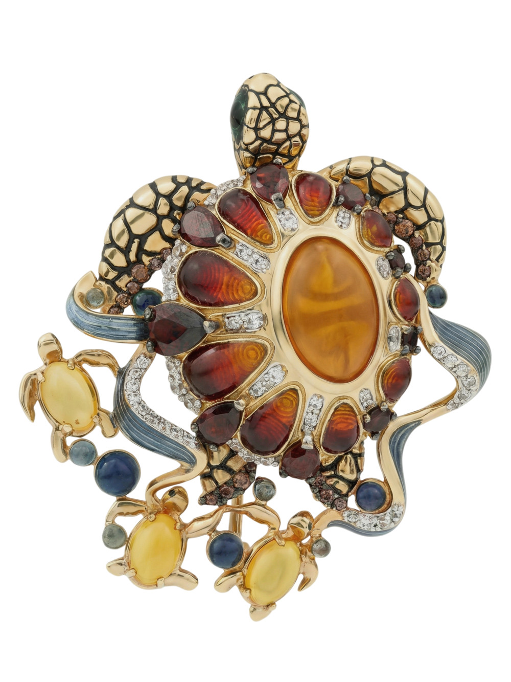 Брошь из лимонного золота c эмалью, фианитом, гранатом и янтарём