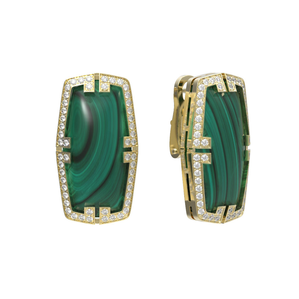 Серьги из лимонного золота c бриллиантами, рубином и малахитом