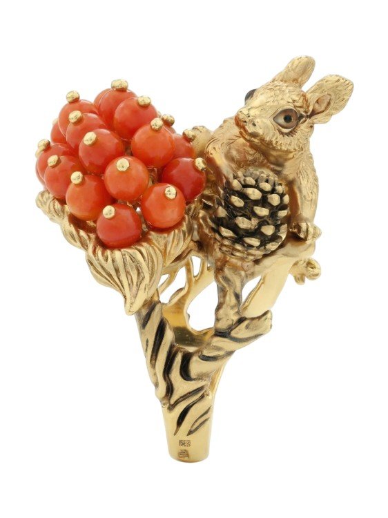 Кольцо из лимонного золота c эмалью и кораллом