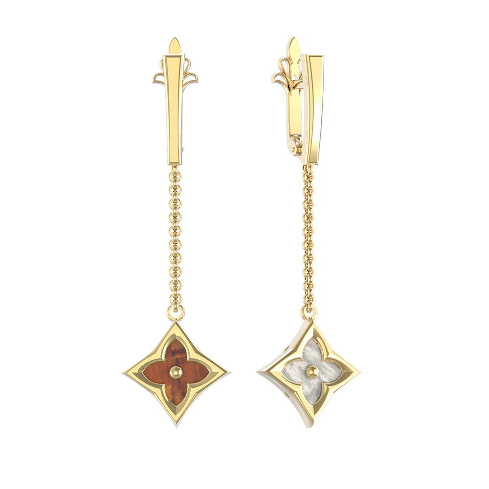 Серьги из лимонного золота c тигровым глазом и перламутром