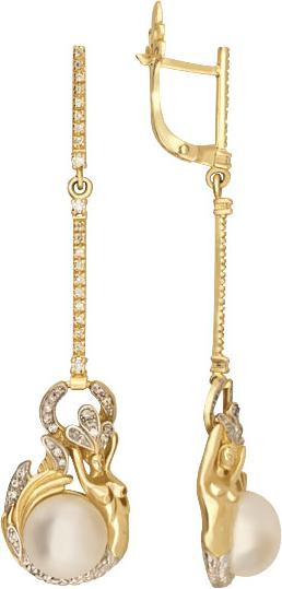 Серьги из лимонного золота c бриллиантами и жемчугом