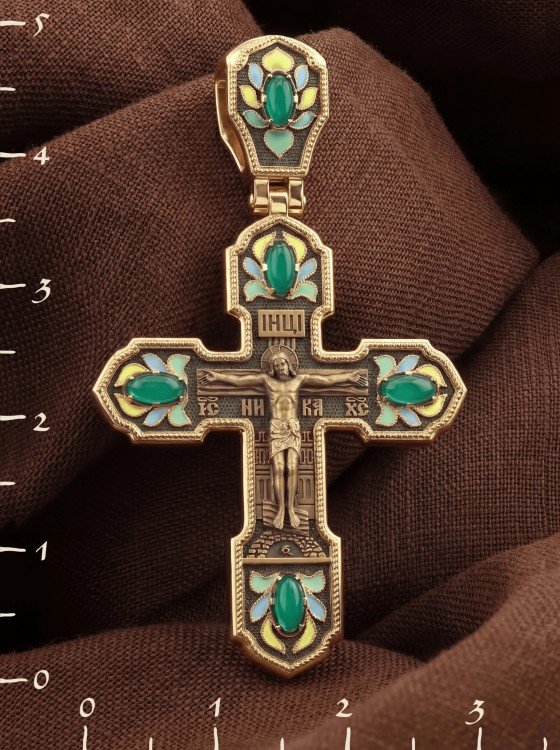 Крест из золота c эмалью и хризопразом