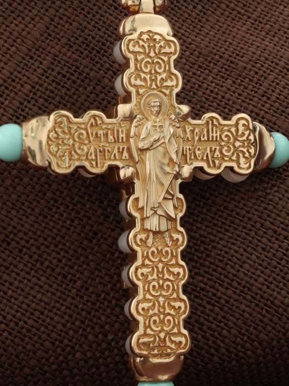 Крест из золота c бирюзой и кахолонгом