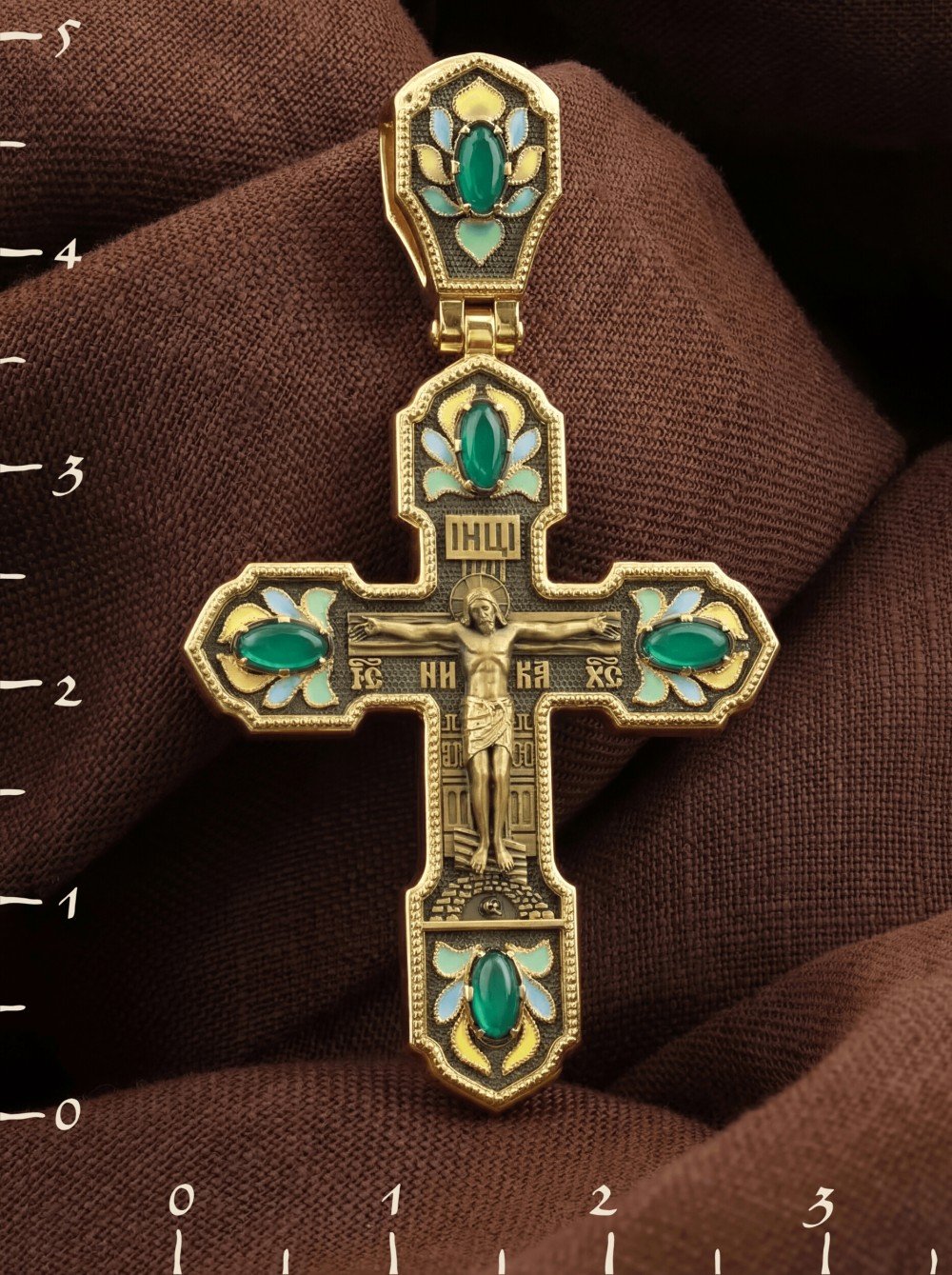 Крест из лимонного золота c эмалью и хризопразом