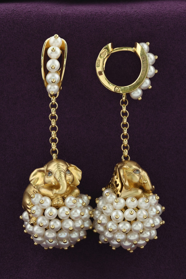 Серьги из лимонного золота c эмаль и жемчугом