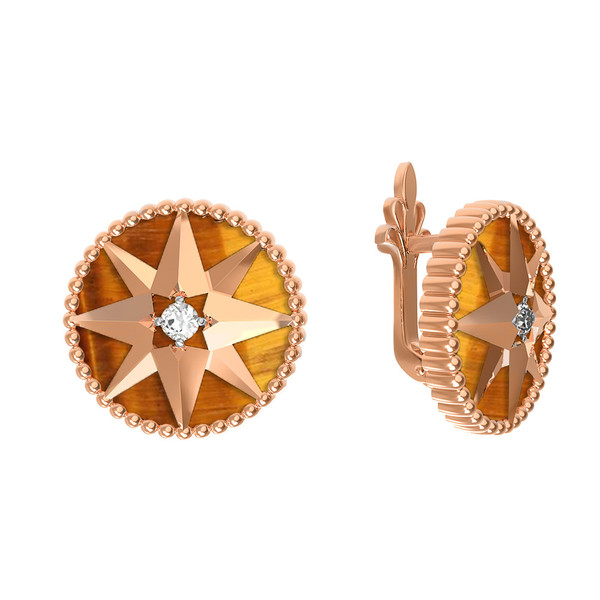 Серьги из золота c фианитом и тигровым глазом