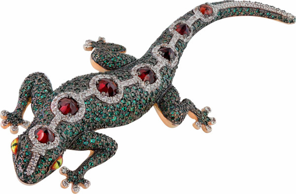 Брошь из золота c эмалью, фианитом и гранатом