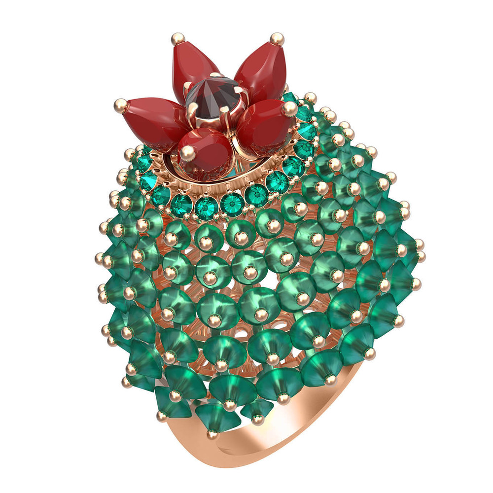 Кольцо из золота c гранатом, хризопразом, изумрудом и кораллом