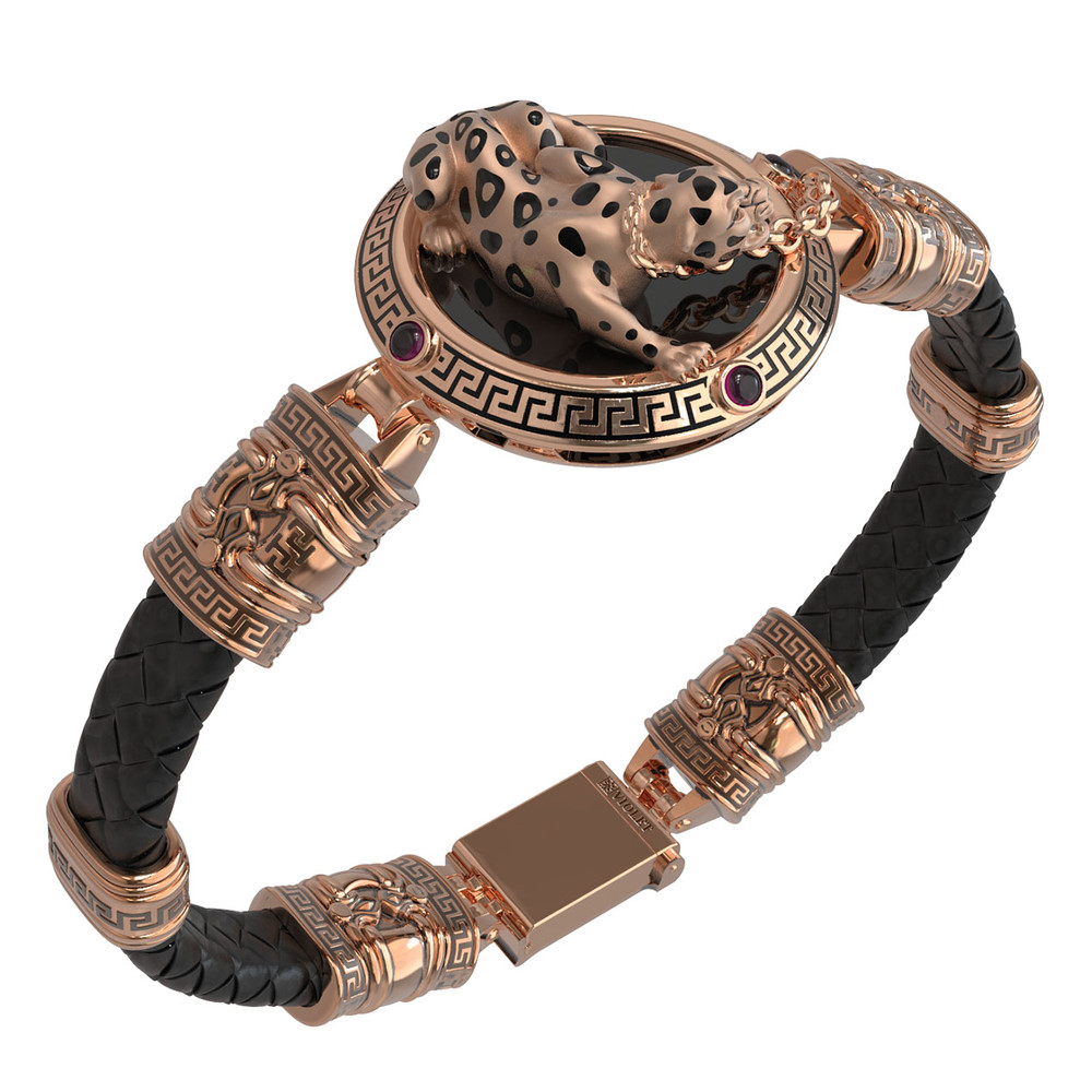 Браслет из золота c эмаль , шнурком, ониксом и рубином