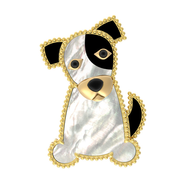 Брошь из лимонного золота c эмаль , ониксом и перламутром