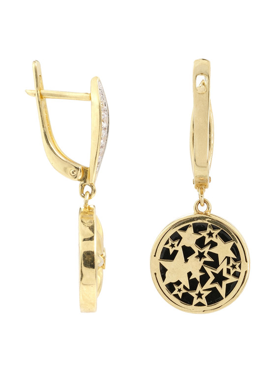 Серьги из лимонного золота c бриллиантами, ониксом и перламутром