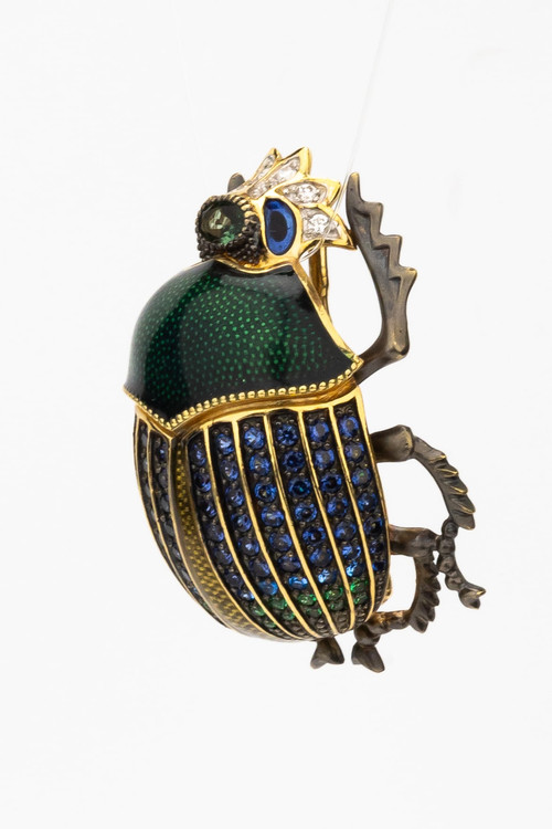 Брошь из лимонного золота c эмаль , фианитом и турмалином