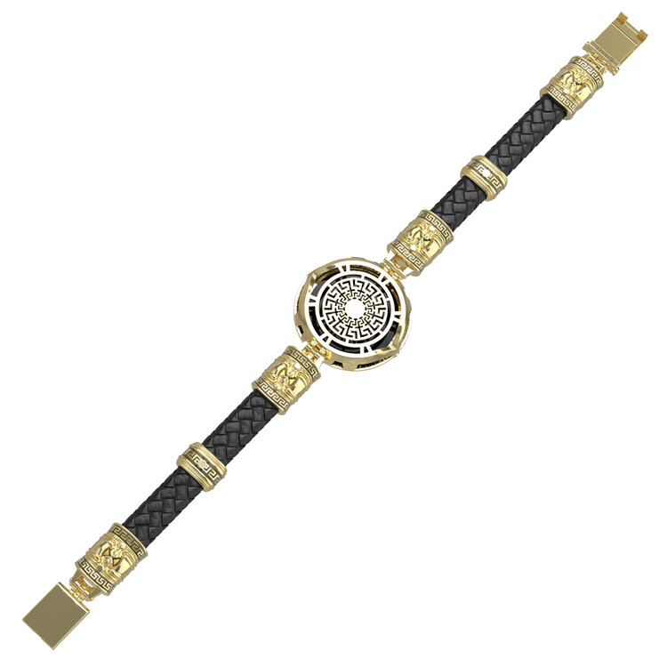 Браслет из лимонного золота c эмалью, шнурком, ониксом и рубином