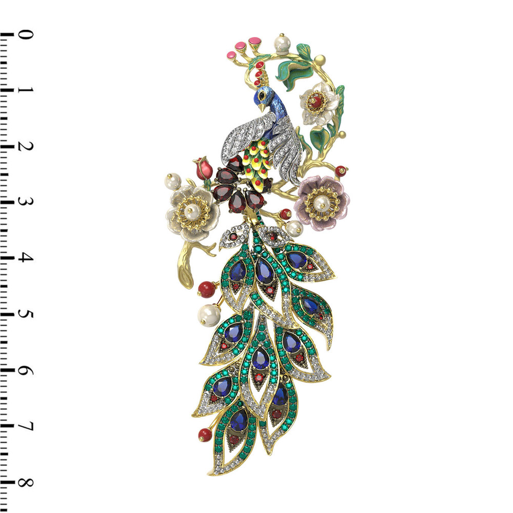 Брошь из лимонного золота c эмаль , фианитом, гранатом, жемчугом, сапфиром, кораллом и перламутром