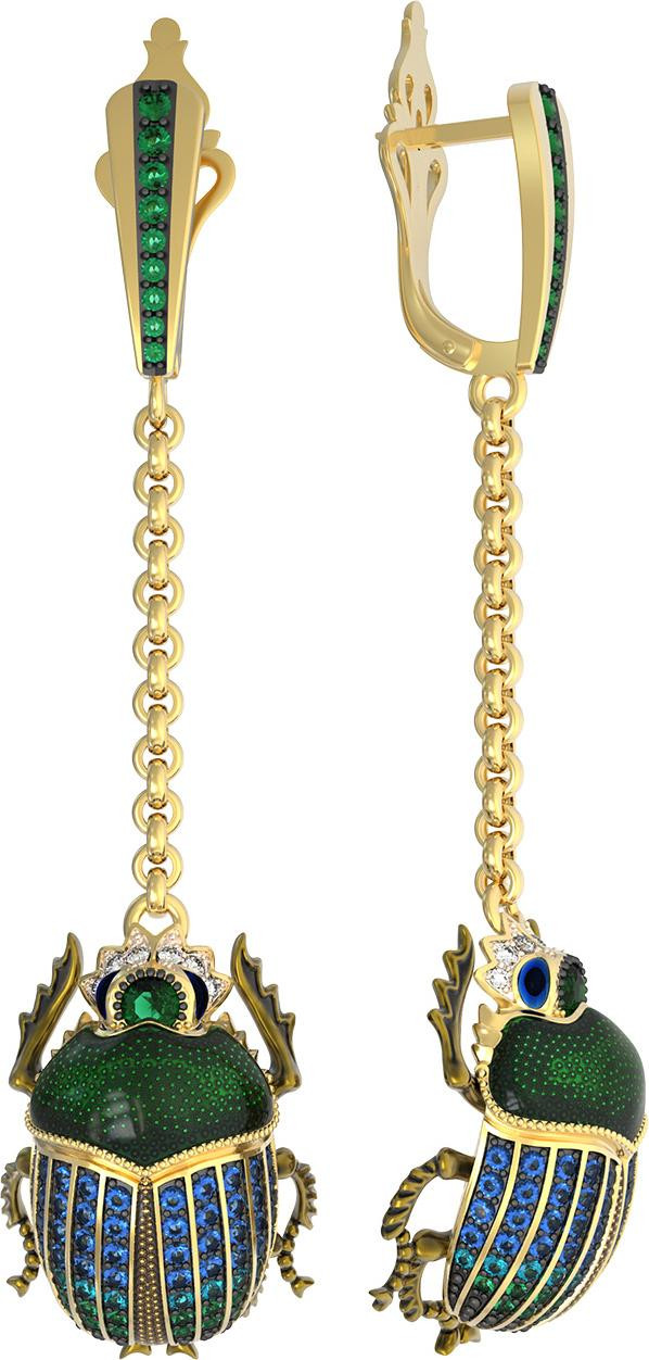 Серьги из лимонного золота c эмаль , фианитом, турмалином и сапфиром