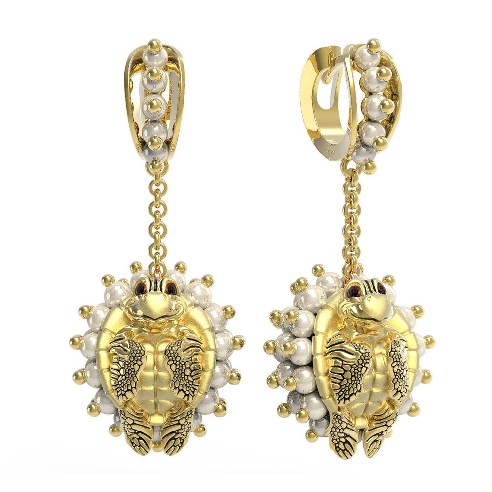 Серьги из лимонного золота c эмаль и жемчугом