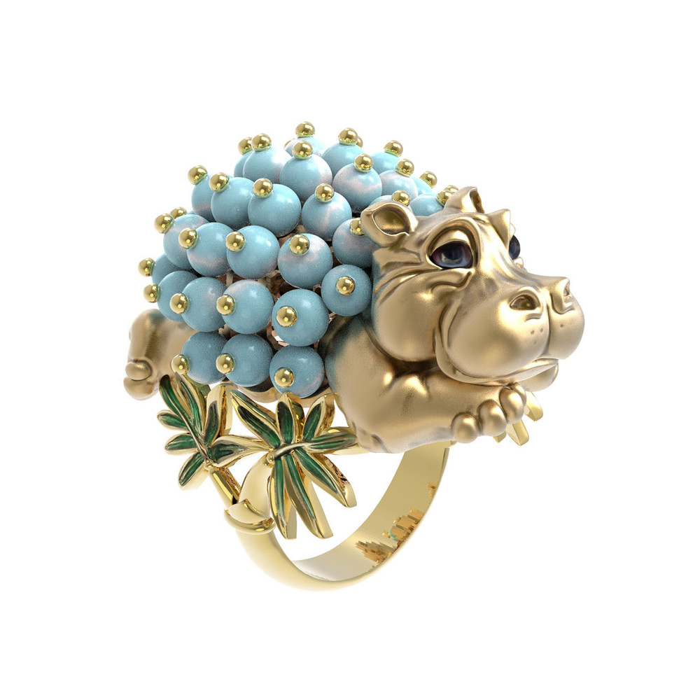 Кольцо из лимонного золота c эмалью и бирюзой