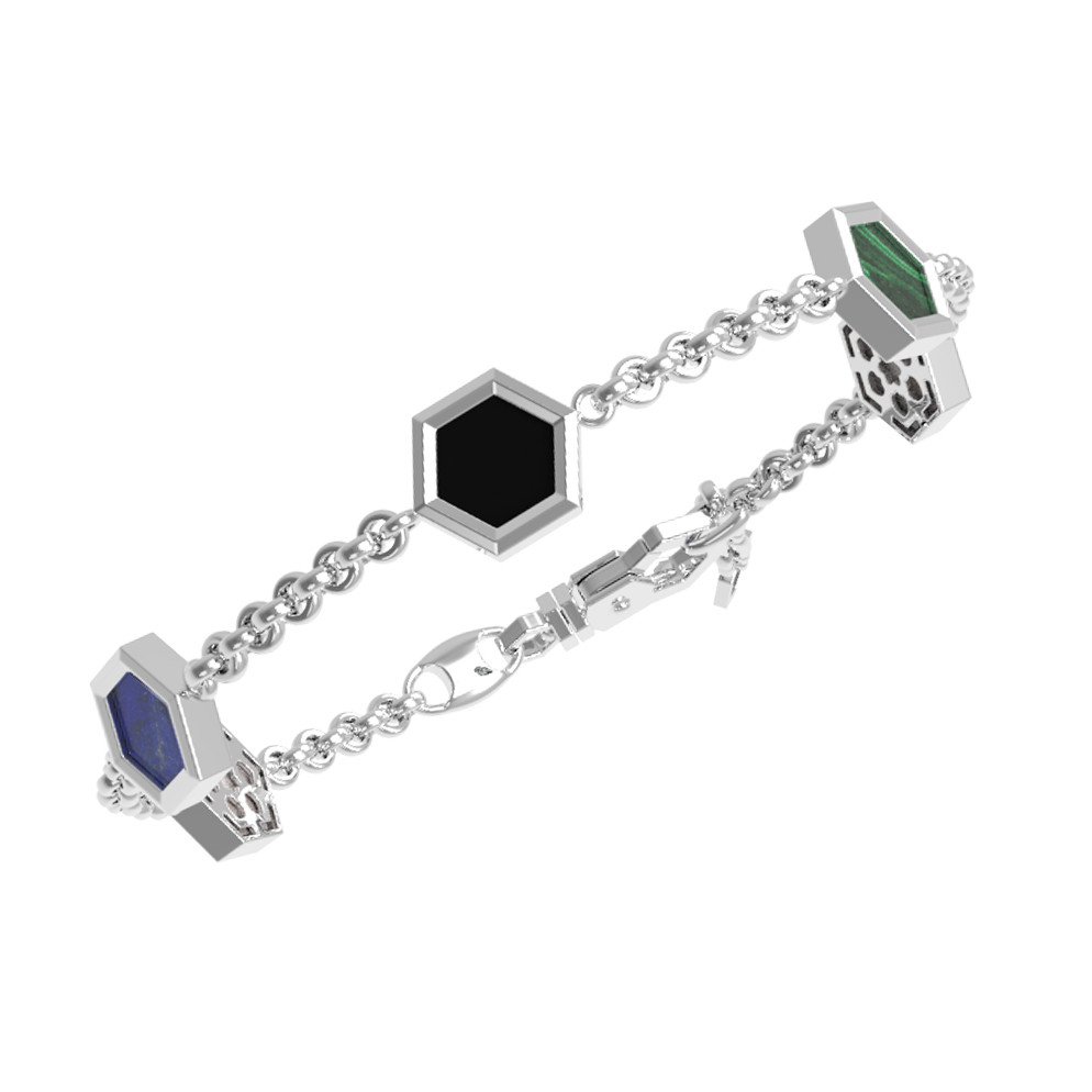 Браслет из белого золота c ониксом, лазуритом, малахитом и перламутром